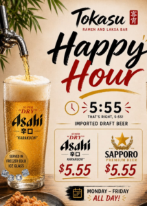 Draft Beer- $5.55 Happy Hours - Tokasu
